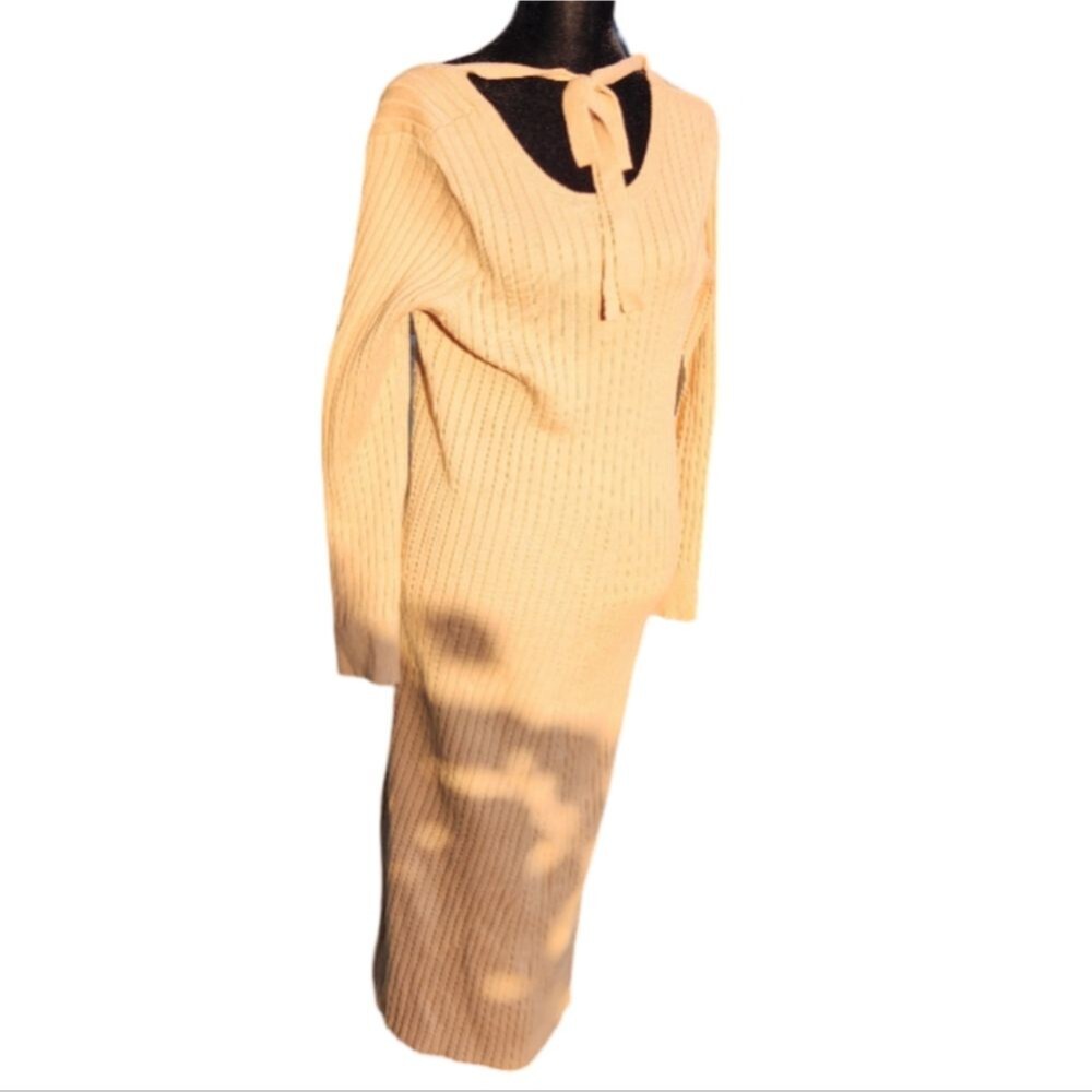 WAYF Beige Ribbed Sweater Midi Dress S NWT Low Back Tie Knit Long Sleeve
